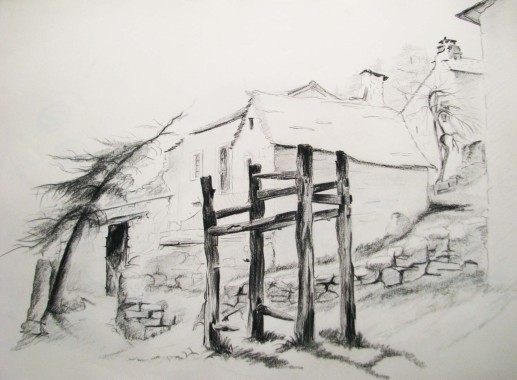 Le village. Pierre noire. 30x40