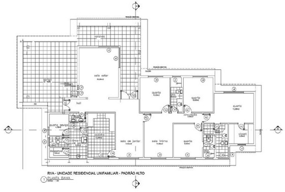 Modelo de Projeto Arquitetônico Residencial Unifamiliar Alto Padrão
Descrição do Partido Arquitetônico:
1 pavimento, 4 dormitórios,
sendo um suíte com banheiro e closet, outro com banheiro, banheiro
social, sala de estar, sala de jantar e sala íntima, circulação, cozinha,
área de serviço completa e varanda (abrigo para automóvel).
Área Construída: 224,82m2