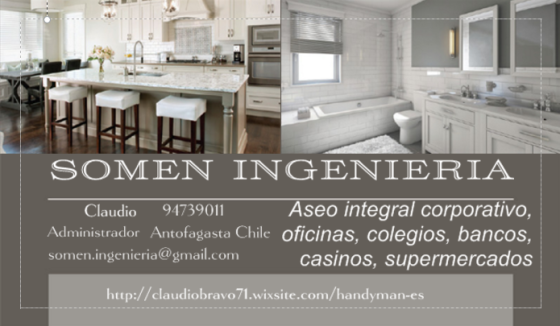 Somen ingeniería :Construcción, Obras civiles,Electricidad,Mecánica,Aseo integral corporativo,Condominios,Empresas,Tiendas,oficinas,alfombras muro a muro Supermercados,edificios,casas,departamentos
Administración de condominios y edificios.
Teléfonos: (09) 94739011
E-mail: somen.ingenieria@gmail.com
Atendemos las 24 horas