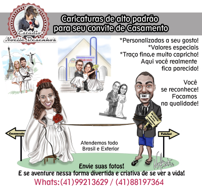 Caricaturas especiais para Noivinhos, criados do jeitinho que você imagina, pegamos firme nos traços e na aparência, deixamos você igualzinho!

Caricaturas expressas casal, em arquivo digital 250 dpi, estão saindo a partir de R$:250,00 a arte. Aproveite nossa promoção!